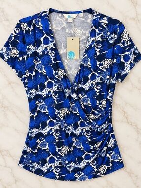 Boden Floral Wrap Top Blue White UK 22 US 18 Size Plus Stylish